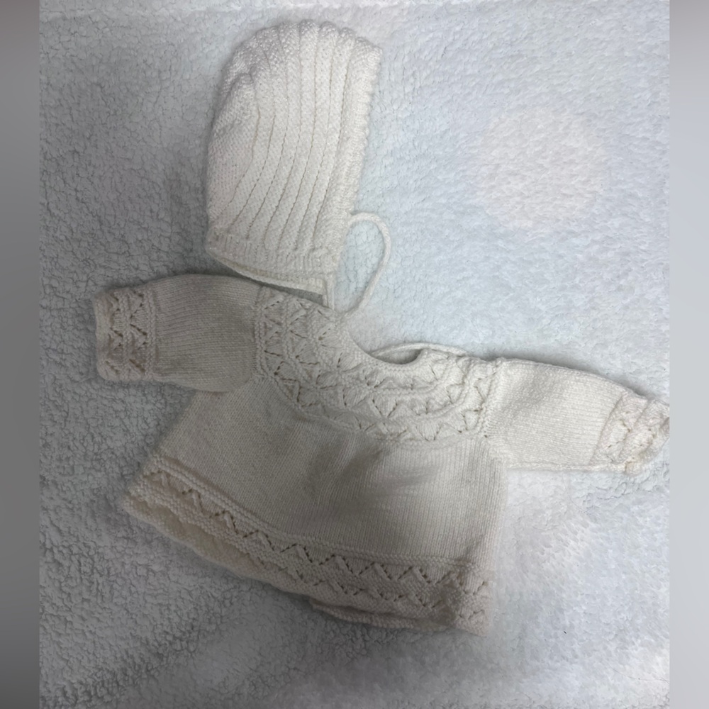 White Knit Baby Sweater with Bonnet - Picture 3 of 3